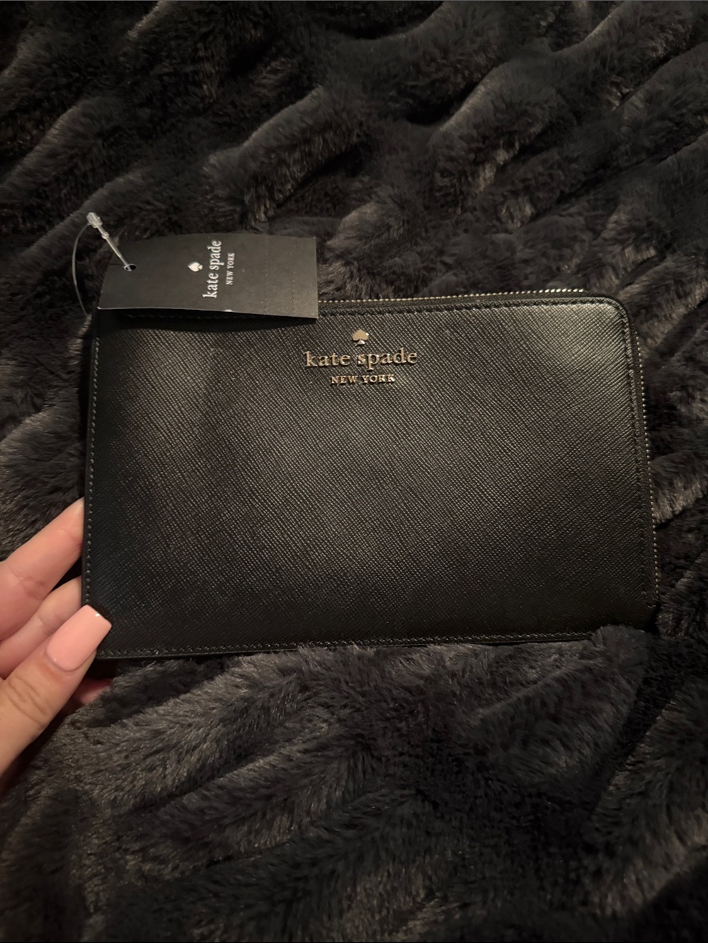 kate spade Black Saffiano Zip Wallet with Gold Logo